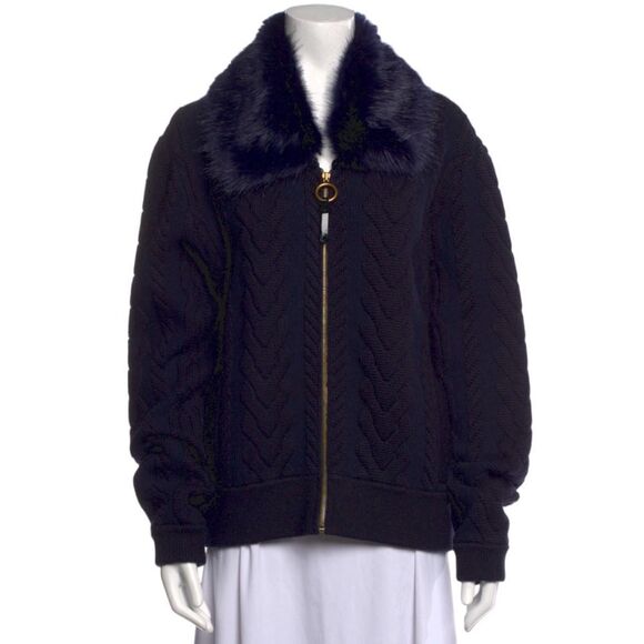 Tory Burch Jackets & Blazers - TORY BURCH Contraire Merino Wool Cable Knit Faux Fur Sweater Bomber Jacket XL